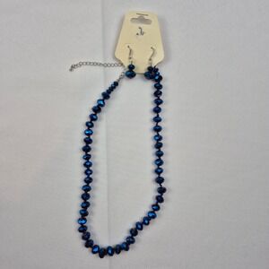 Vtg Blue Faceted Bead Necklace‎ Earrings Set 20" Crystal Glass Style NOS Sparkle